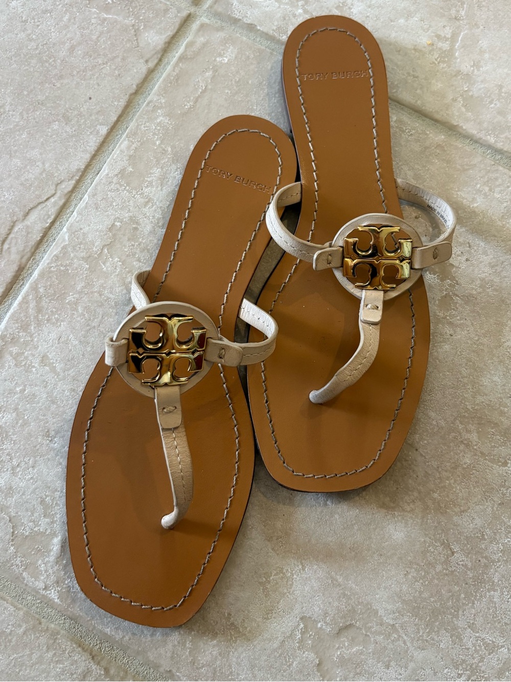 Tory Burch Gold Logo Ivory Leather Thong Sandals